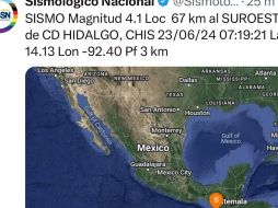 A través de su cuenta verificada en X (anteriormente Twitter), el Servicio Sismológico Nacional informó sobre un sismo con epicentro a 67 km al suroeste de Ciudad Hidalgo, Chiapas. X/@SismologicoMX