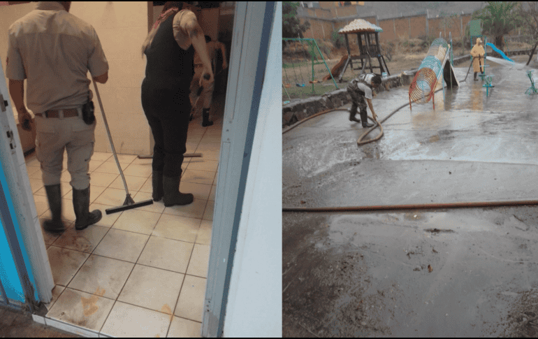 Un jardín de niños sufrió el ingreso de agua y lodo debido a la lluvia que cayó este lunes en Tlaquepaque. ESPECIAL