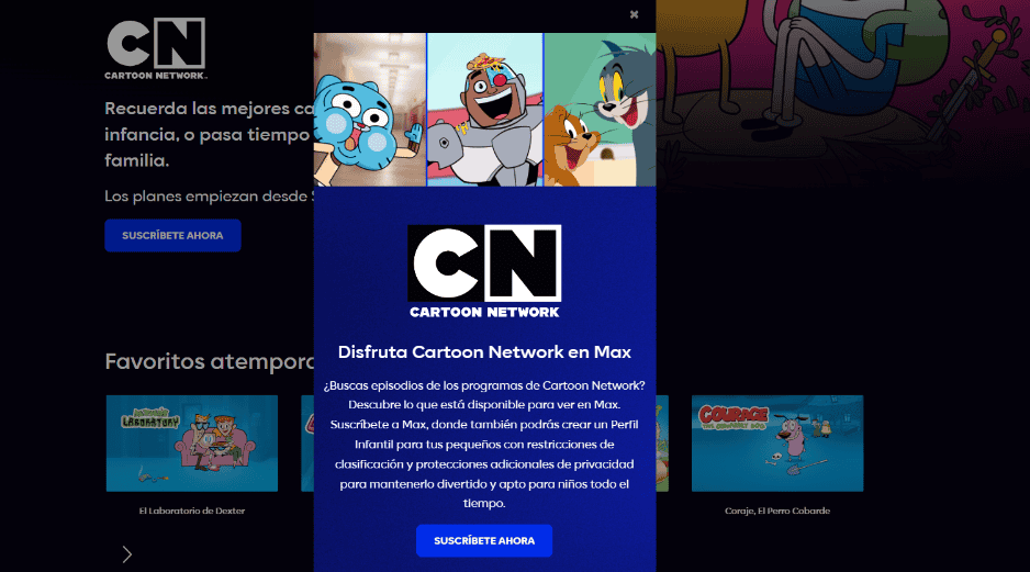 Así luce el portal de Cartoon Network Latinoamérica; simplemente aparece el menú de Max. ESPECIAL